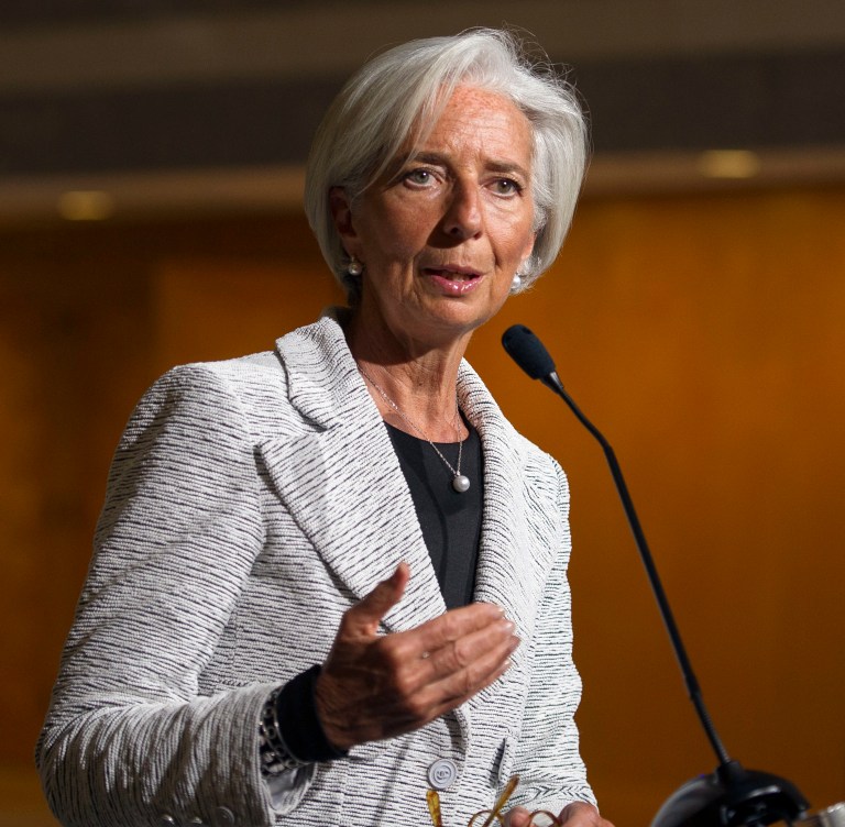 International Monetary Fund (IMF) Managing Director Christine LaGarde makes a statement about sanctions leveled against Russia, during a news conference following an IMF Executive Board meeting at IMF Headquarters in Washington, Wednesday, April 30, 2014. LaGarde announced that the IMF board has approved a two-year, $17 billion loan package for Ukraine. (AP Photo/Cliff Owen)