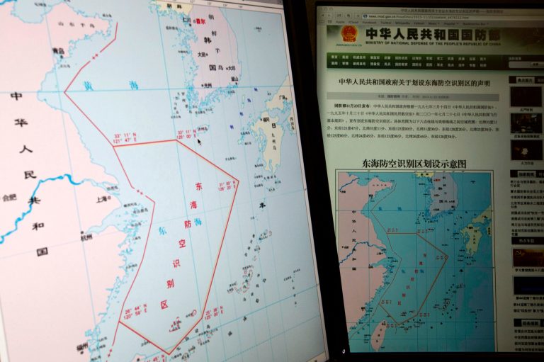 In this Nov. 26, 2013, photo, computer screens display a map showing the outline of China's new air defense zone in the East China on the website of the Chinese Ministry of Defense, in Beijing. While the Obama administration is making diplomatic progress on some of the MideastÃ?s thorniest security issues, problems are piling up in Asia, a region that President Barack Obama had wanted to play a bigger part in American foreign policy. Despite efforts to forge deeper ties with China to make East Asia more stable, BeijingÃ?s declaration of a maritime air defense zone has escalated its territorial dispute with U.S. ally Japan. The U.S. responded by flying B-52 bombers through the zone on a training mission Tuesday without informing Beijing. (AP Photo/Ng Han Guan)