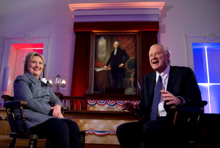 Democratic presidential candidate Hillary Clinton and Chris Matthews are photographed during a break in taping of Town Hall with Chris Matthews 