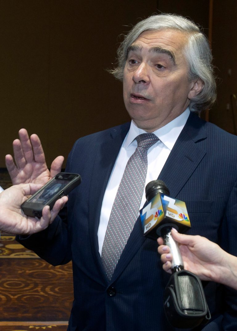   U.S. Secretary of Energy Ernest Moniz responds to questions on nuclear waste disposal during the National Clean Energy Summit 6.0 at the Mandalay Bay Resort in Las Vegas Tuesday, Aug. 13, 2013. Moniz also was due Tuesday to talk with Nevada Gov. Brian Sandoval about federal plans to ship some 403 canisters of radioactive waste from a federal facility in Oak Ridge, Tenn., to the Nevada National Security Site. (AP Photo/Las Vegas Sun/Steve Marcus)  