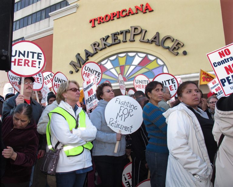   In this April 5, 2012, photo, casino workers stage a protest outside the Tropicana Casino and Resort in Atlantic City, N.J. The Unite-HERE casino workers are protesting the lack of a contract and the termination of employee pension accounts. (AP Photo/Wayne Parry)  