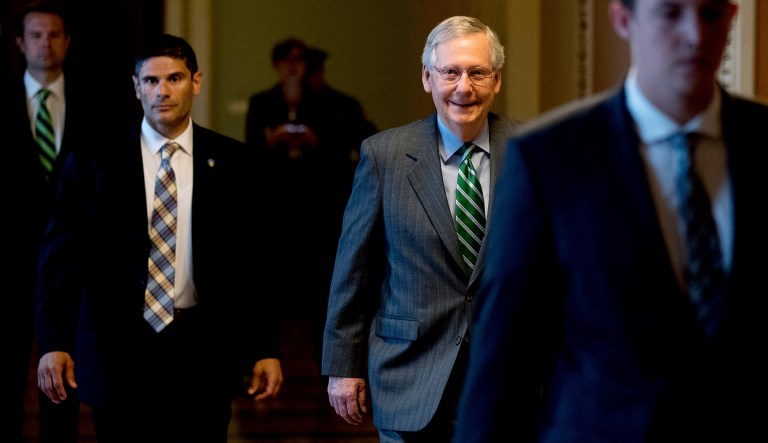 Senate Majority Leader Mitch McConnell arrives on Capitol Hill, as Senate Republicans work on a healthcare reform bill. Senate Republicans would cut Medicaid, end penalties for people not buying insurance and erase a raft of tax increases as part of their long-awaited plan to scuttle Barack Obama's healthcare law. (AP Photo/Andrew Harnik)