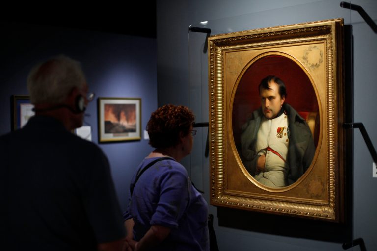 People view a painting by Paul Hippolyte Delaroche of Napoleon Bonaparte on display at the National Constitution Center in Philadelphia, Tuesday, June 23, 2009. (AP Photo/Matt Rourke)