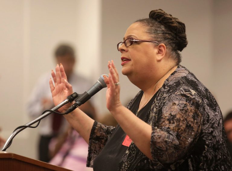 Chicago Teachers Union President Karen Lewis, speaks at a packed meeting of the Chicago Board of Education Wednesday, May 22, 2013, in Chicago. The board is expected to take a final vote Wednesday on whether to close 53 schools, an ambitious proposal that sparked protests and lawsuits and could help define â for better or worse â Mayor Rahm Emanuel's term in office. (AP Photo/M. Spencer Green)
