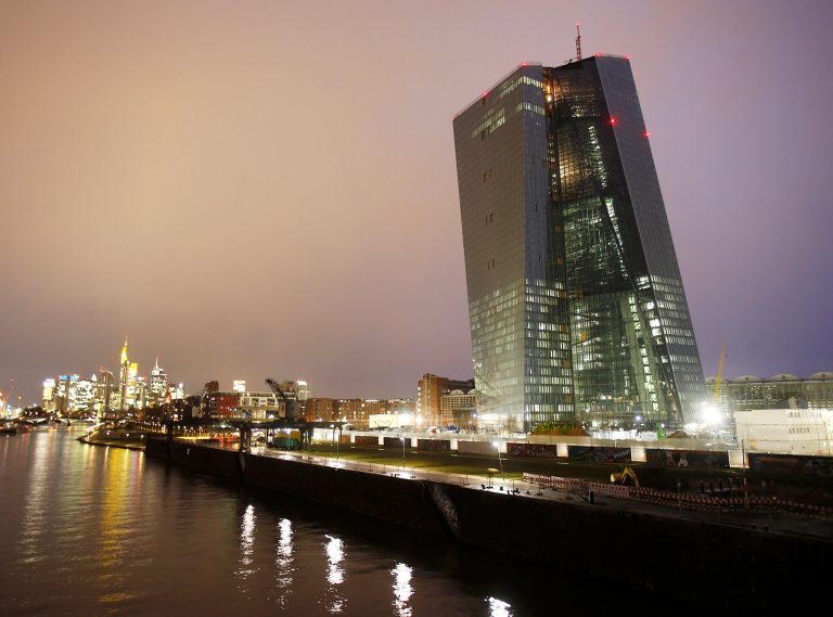 The new headquarters of the European Central Bank (ECB), building at right, is under construction on the water front of the River Main, in Frankfurt, Germany, Friday, Feb. 14, 2014.  The ECB is supposed to move into this new building at the end of 2014.  The fourth quarter financial growth for 2013 outperformed analysts' expectations and eased some of the pressure on the European Central Bank to loosen its monetary policy. (AP Photo/Michael Probst)