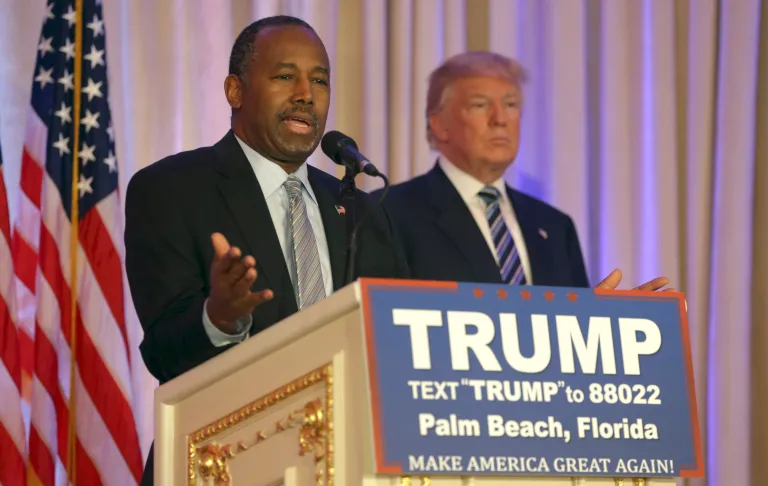 Former Republican presidential candidate Ben Carson announced he is endorsing Republican presidential candidate Donald Trump, during a news conference Friday, March 11, in Palm Beach, Fla. (AP Photo/Lynne Sladky)