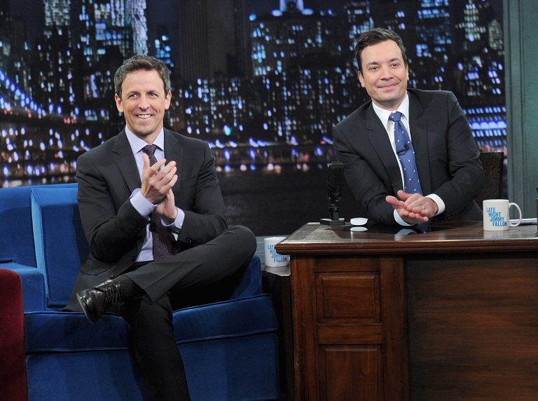 Seth Meyers and host Jimmy Fallon visit 'Late Night With Jimmy Fallon' at Rockefeller Center on January 28, 2014 in New York City. (Photo by Jamie McCarthy/Getty images)