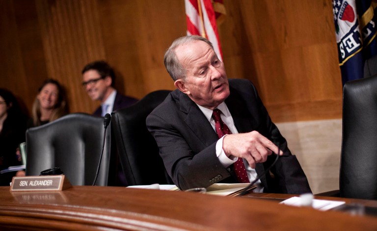 Sen. Lamar Alexander uses healthcare law to stress the need for Republicans to keep control of the Senate. (AP Photo/Pablo Martinez Monsivais)