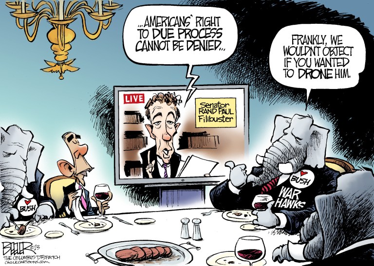 Editorial cartoon for March 12: Droning on