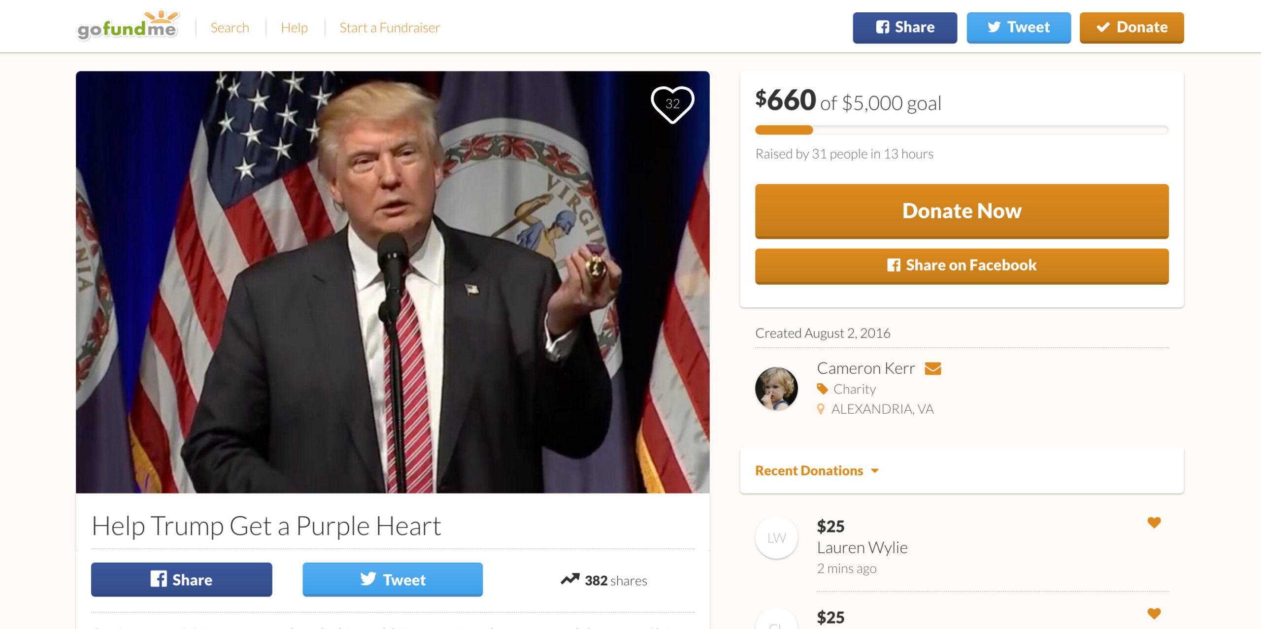 You can donate to help Donald Trump earn a Purple Heart … sort of