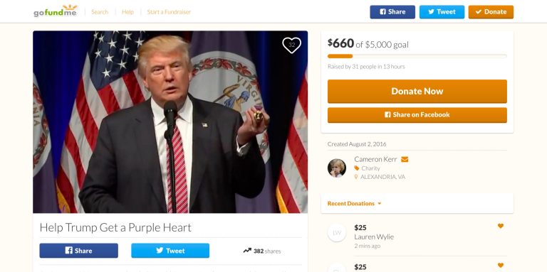 A GoFundMe page was launched to help send Donald Trump to a conflict zone where he might earn a Purple Heart.