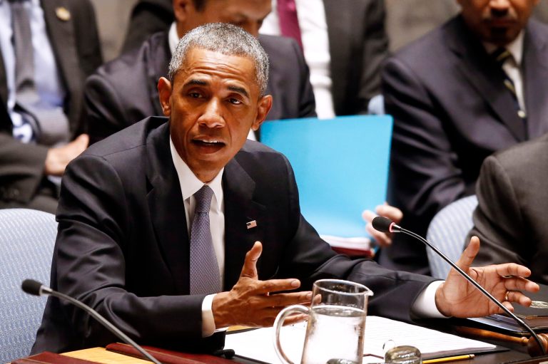 President Obama addresses a meeting of the United Nations Security Council regarding the threat of foreign terrorist fighters during the 69th session of the U.N. General Assembly at U.N. headquarters, Wednesday, Sept. 24, 2014. (AP Photo/Jason DeCrow)
