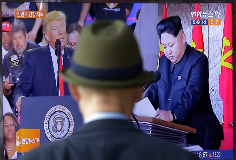 A man watches a television screen showing President Donald Trump and North Korean leader Kim Jong Un during a news program at the Seoul Railway Station in Seoul, South Korea, on May 2. South Koreans were bewildered by Trump's recent use of the term 