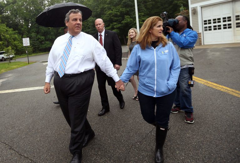 Gov. Chris Christie, with his wife Mary Pat Christie, after the two cast their votes at the Brookside Emergency Services Building during the primary election on Tuesday in Mendham, N.J. Christie, neutral during the race, said he voted for longtime ally Kim Guadagno and would campaign for her, but his unpopularity makes it unclear whether that would help. (Bob Karp/The Daily Record via AP)