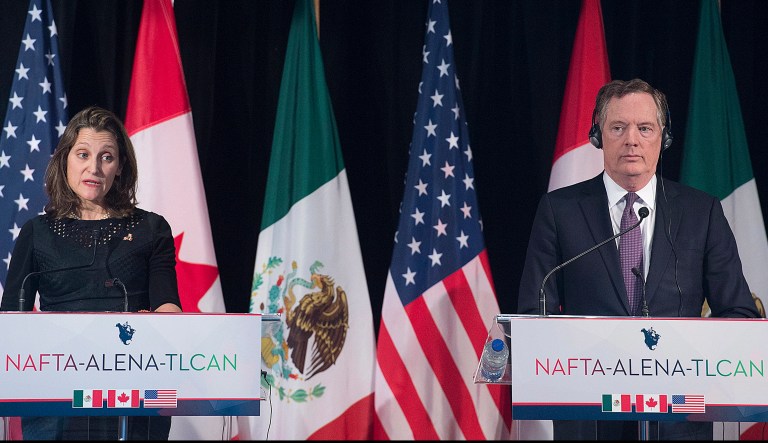 Foreign Affairs Minister Chrystia Freeland delivers her statement to the media as United States Trade Representative Robert Lighthizer looks on during the sixth round of negotiations for a new North American Free Trade Agreement in Montreal, Monday, Jan. 29, 2018. (Graham Hughes/The Canadian Press via AP)