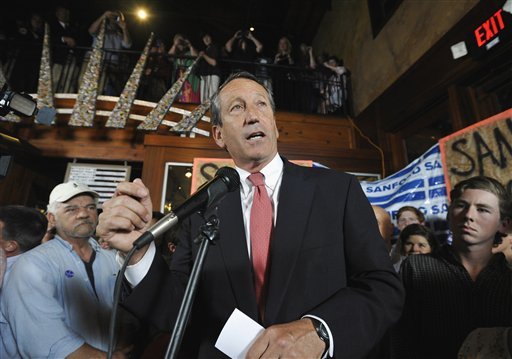 Former South Carolina Gov. Mark Sanford gives his victory speech after winning back his old congressional seat in the state's 1st District on Tuesday, May 7, 2013, in Mt. Pleasant, S.C. (AP Photo/Rainier Ehrhardt)