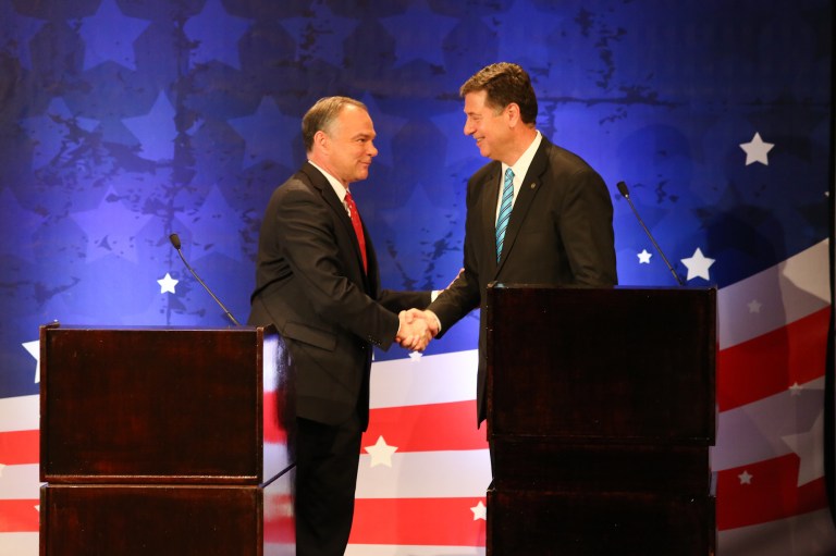 Democratic candidate Tim Kaine and Republican candidate George Allen face off in a debate for the Virginia U.S. Senate seat on Sept. 20, 2012. (Graeme Jennings/Examiner)