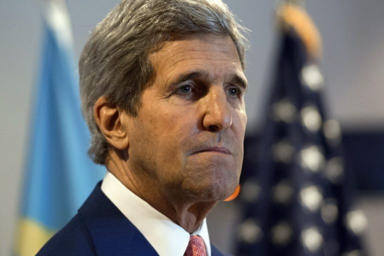 U.S Secretary of State John Kerry gives a press conference after meetings at the Palais de la Nation in Kinshasa, Democratic Republic of Congo, Sunday, May 4, 2014. The United States is ready to help fund the demobilisation of Democratic Republic of Congo's rebels, a senior US official said on May 3 as Secretary of State John Kerry arrived in the country on the latest leg of an Africa tour. 