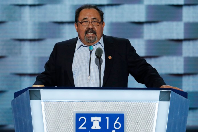 Rep. Raul Grijalva, D-Ariz., said "I'm here toady today because I'm with Hillary Clinton." (AP Photo/J. Scott Applewhite)