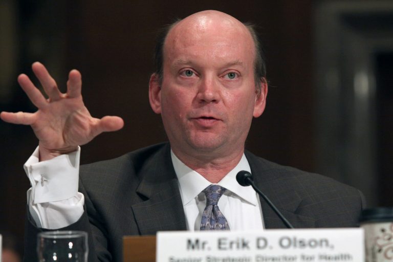 Erik Olson, Senior Strategic Director for Health and Food Natural Resources, testifies on Capitol Hill in Washington, Tuesday, Feb. 4, 2014, before the Senate subcommittee on Water and Wildlife hearing to examine the safety and security of drinking water supplies following the Central West Virginia drinking water crisis.  (AP Photo/Lauren Victoria Burke)