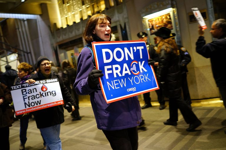 NEW YORK, NY - JANUARY 07:  Anti Fracking protesters demonstrate in front of the Waldorf Astoria as New York Gov. Andrew Cuomo visits the hotel for a function on January 7, 2013 in New York City. Fracking, a process that injects millions of gallons of chemical mixed water into a well in order to release gas, has become a contentious issue in New York as critics of the process believe it contaminates drinking water among other hazards. New York City gets much of its drinking water from upstate reservoirs. If the regulations are approved by Governor Cuomo, drilling in the upstate New York Marcellus Shale could later this year.  (Photo by Spencer Platt/Getty Images)