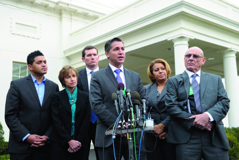 Dan Gross, President of the Brady Campaign to Prevent Gun Violence, center, speaks outside the White House in Washington, Wednesday, Jan. 9, 2013, following a meeting with Vice President Joe Biden, victims' groups and gun safety organizations in the Eisenhower Executive Office Building on the White House complex. From left are, William Kellibrew, Witness to Violence & Founder William Kellibrew Foundation; Hildy Saizow of Arizona for Gun Safety; Colin Goddard, a survivor of Virginia Tech shooting; Annette Nance-Holt, mother of victim to gang violence; and Lonnie Phillips, stepfather of a Aurora, Colo., shooting victim. Biden is holding a series of meetings this week as part of the effort he is leading to develop policy proposals in response to the Newtown, Conn., school shooting. (AP Photo/Susan Walsh)