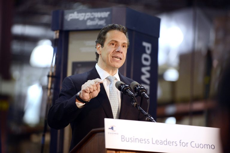 New York Gov. Andrew Cuomo speaks at the Plug Power Inc., plant in Latham, N.Y., Wednesday, Oct. 8, 2014. The New York State Business Council endorsed Cuomo in his reelection bid during his visit to the fuel cell company. (AP Photo/The Albany Times Union, Will Waldron,)  TROY, SCHENECTADY; SARATOGA SPRINGS; ALBANY OUT