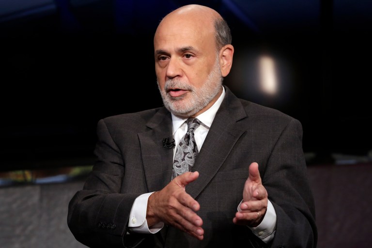 Former Federal Reserve Chairman Ben Bernanke is interviewed by Maria Bartiromo during her "Mornings with Maria Bartiromo" program, on the Fox Business Network, in New York, Tuesday, Oct. 6, 2015. Bernanke's book, "The Courage to Act: A Memoir of a Crisis and Its Aftermath," went on sale in bookstores Monday. (AP Photo/Richard Drew)