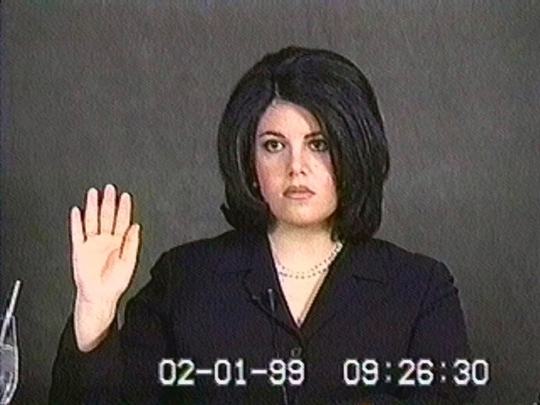 Monica Lewinsky, shown in this video image, is sworn in for her deposition on Feb. 1, 1999. The videotape was shown on Saturday, Feb. 6, 1999, as part of the House Managers presentation in the Senate impeachment trial of President Clinton. (AP Photo/APTN)