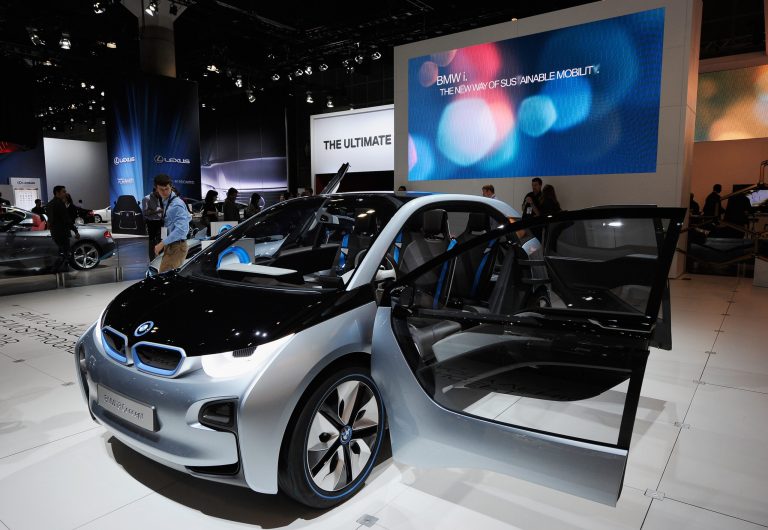 LOS ANGELES, CA - NOVEMBER 17:  The BMW i3 plug-in hybrid and i8 all-electric concept cars make their North American debut at the Los Angeles Auto Show on November 17, 2011 in Los Angeles, California. The car show opens to the public tomorrow and runs through November 27.  (Photo by Kevork Djansezian/Getty Images)