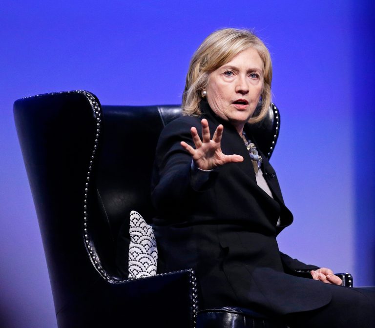 Former U.S. Secretary of State Hillary Rodham Clinton speaks during an interview at the Dreamforce convention Tuesday, Oct. 14, 2014, in San Francisco. Clinton said Tuesday the nation needs to close a 