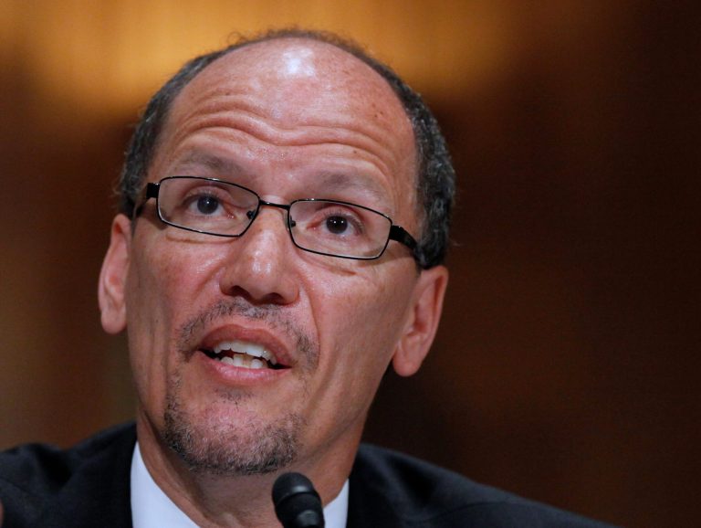 FILE - In this April 18, 2013 file photo, Labor Secretary nominee Thomas Perez testifies on Capitol Hill in Washington. On Thursday, the Senate Health, Education, Labor and Pensions Committee voted 12 -10 to confirm Perez to head the Labor Department.  All Republicans on the committee voted no. (AP Photo/Molly Riley, File)