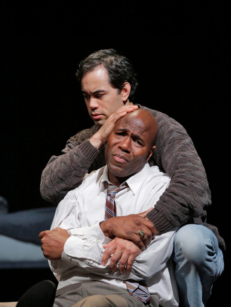 This undated image released by the Opera Theatre of Saint Louis shows Arthur Woodley as Emile Griffith, foreground, and Brian Arreola as Luis Rodrigo Griffith in Opera Theatre of Saint Louis' 2013 world premiere production of 