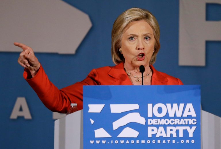 Democratic presidential candidate Hillary Rodham Clinton speaks during the Iowa Democratic Party's Hall of Fame Dinner, Friday, July 17, 2015, in Cedar Rapids, Iowa. (AP Photo/Charlie Neibergall)