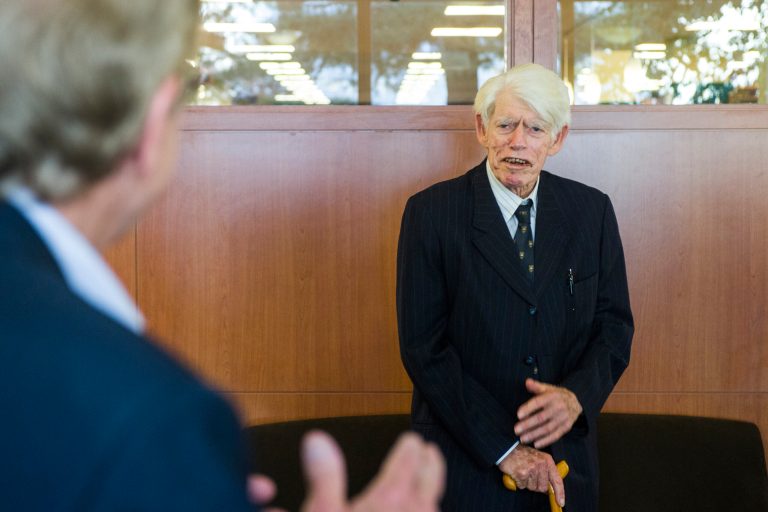 In a photo provided by Boston College and made in  October, 2013, History Professor Emeritus, Radu Florescu, speaks during a book-signing on campus at Boston College for his new book, 