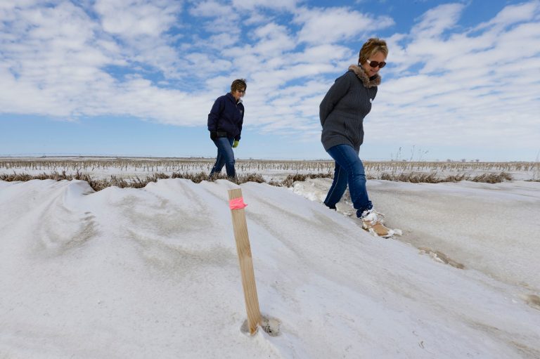 Sisters Jenni Harrington, left, and Abbi Kleinschmidt walk past a wooden stick with a pink ribbon that marks the proposed route of the Keystone XL pipeline on the former's property near Bradshaw, Neb., on March 11. (AP Photo/Nati Harnik)