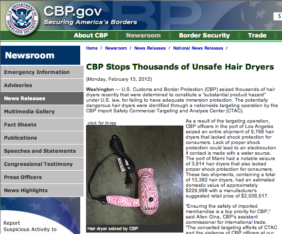 DHS: ‘CBP Stops Thousands of Unsafe Hair Dryers’