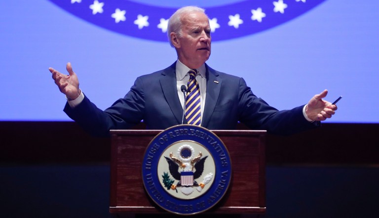 Former Vice President Joe Biden addressed the House Democratic Issues Conference on Capitol Hill in Washington, D.C., on Wednesday. (AP Photo/Pablo Martinez Monsivais)