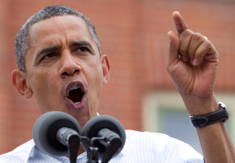 President Barack Obama speaks at a campaign event at the Alliant Energy Amphitheater, Wednesday, Aug. 15, 2012, in Dubuque, Iowa,  during a three day campaign bus tour through Iowa.  (AP Photo/Carolyn Kaster)