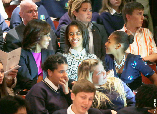 Michelle Obama and daughters Malia and Sasha attended a youth performance of the Irish musical Riverdance at the Gaiety Theatre on a side trip to Dublin last year during the G8 summit. AP Photo