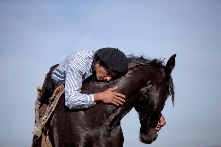 In this May 29, 2014, photo, Martin Tata embraces his horse Milonga on a ranch in San Antonio de Areco, Argentina. Tata is a self taught  horse trainer. For the past 11 years he has been showcasing his unique bond with horses through performances to tourists from around the world. Born and raised on a ranch in the traditional gaucho-town of San Antonio de Areco, around 110 kilometers outside of capital Buenos Aires, Tata has lived and worked amongst horses his entire life.  (AP Photo/Natacha Pisarenko)