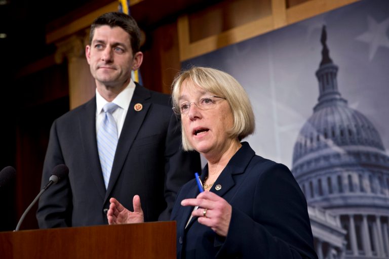House Budget Committee Chairman Paul Ryan, R-Wis., left, and Senate Budget Committee Chairwoman Patty Murray, D-Wash., announce a tentative agreement between Republican and Democratic negotiators on a government spending plan, at the Capitol in Washington on Tuesday.  (AP Photo/J. Scott Applewhite)