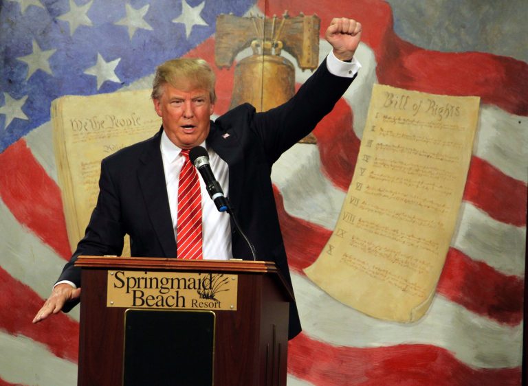 Republican presidential candidate Donald Trump said Monday that Sen. Ted Cruz is weak on immigration, and couldn't get any major deals through Congress. (AP Photo/Willis Glassgow)