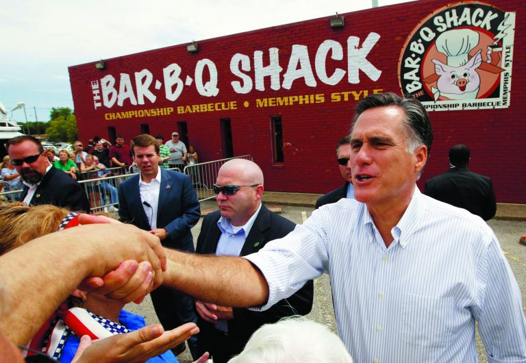 Republican presidential candidate and former Massachusetts Gov. Mitt Romney campaigns at Stepto's BBQ Shack in Evansville, Ind., Saturday, Aug. 4, 2012. (AP Photo/Charles Dharapak)