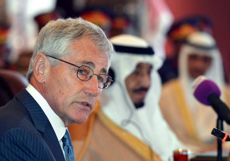 U.S. Defense Secretary Chuck Hagel, addresses his Gulf counterparts in the Conference Palace, Jeddah, Saudi Arabia, Wednesday, May 14, 2014.  In remarks opening a conference, Hagel said Wednesday that Washington is hopeful of progress this week in the Iran deal-drafting talks in Vienna. Hagel said that regardless of the outcome of the Iran negotiations, the U.S. will remain 