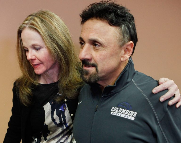   Frank DÃ­Angelis, right, Columbine High School Principal at time of the 1999 school massacre and still principal today is comforted by long time friend Cindy Stevenson, Superintendent of JEFCO Schools after a news conference where Di'Angelis talked about the Connecticut School Shooting at Jefferson County School headquarters in Golden, Colo., on Thursday, Dec. 14, 2012. In a state that was rocked by the 1999 Columbine school massacre and the Aurora movie theater shooting less than six months ago, Fridayâs shootings renewed debate over why mass shootings keep occurring and whether gun control can stop them. (AP Photo/Ed Andrieski)  