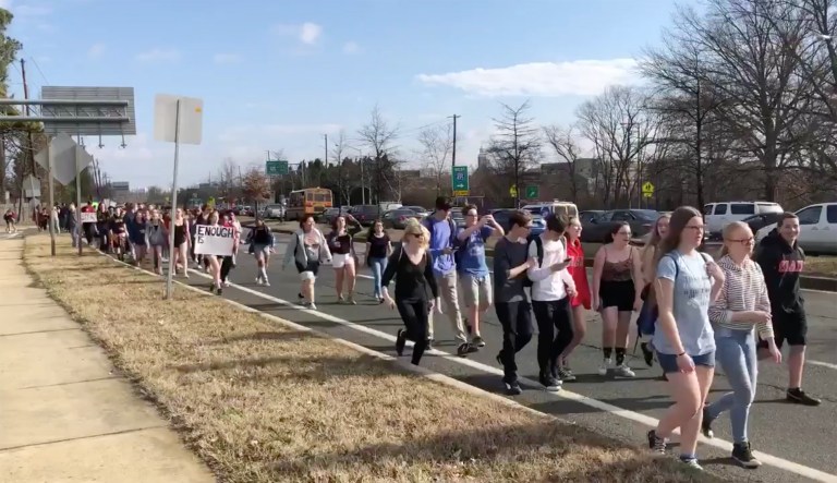 Hundreds from each high school — Richard Montgomery High School in Rockville, Md.; Montgomery Blair High School in Silver Spring, Md.; and Bethesda Chevy Chase High School in Bethesda, Md. — left school buildings at 9:30 a.m. (Images courtesy screenshot)