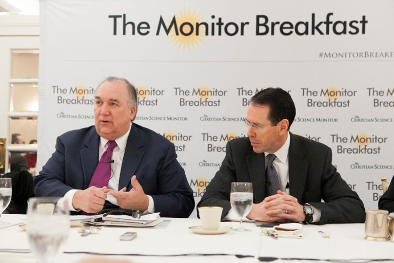Business Roundtable President John Engler and Randall Stephenson, Roundtable chairman and CEO of AT&T. Photo by Michael Bonfigli/The Christian Science Monitor. 