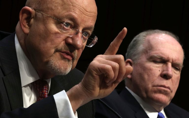 Director of National Intelligence James Clapper, left, and CIA Director John Brennan testify during a hearing before the Senate Intelligence Committee March 12, 2013 on Capitol Hill in Washington. (Photo by Alex Wong/Getty Images)
