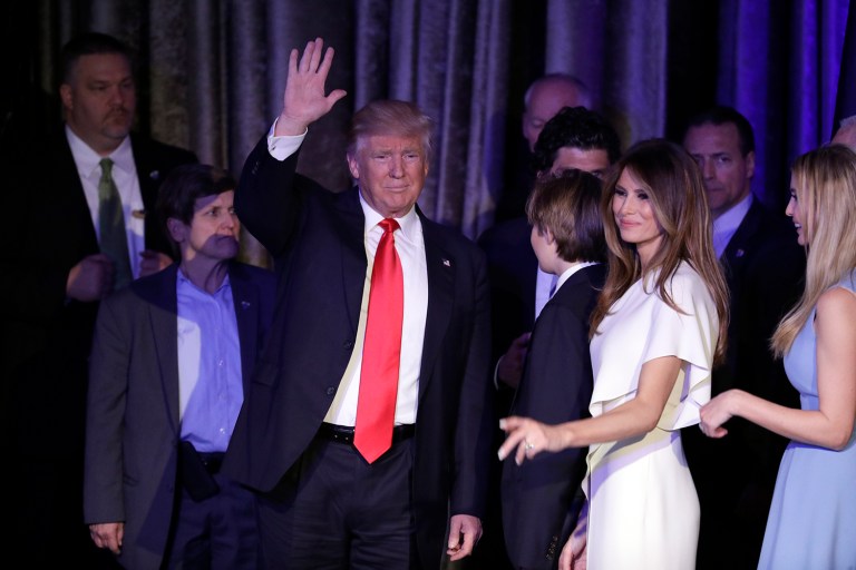 President-elect Donald Trump waves to his supporters after giving his acceptance speech during his election night rally. (AP Photo/John Locher)